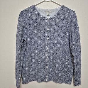 L.L. Bean Women’s Navy & White Geometric Supima Cotton Cardigan – Size Small